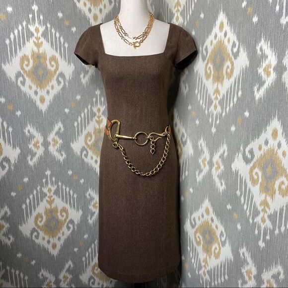 Ralph Lauren Brown Herringbone Lambswool Tweed Cap Sleeve Sheath Midi Dress - Picture 5 of 16